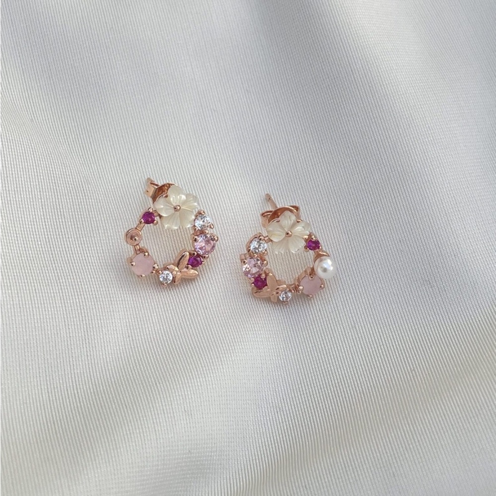 Rose Gold Floral Hoop Earrings with Pink and Pearl Details